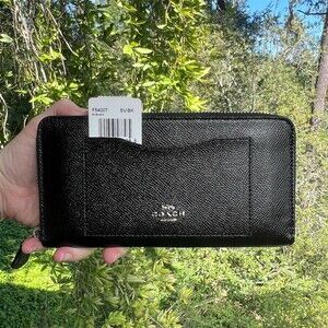 COACH Long Zip-Around Black Pebble Leather Wallet w Silver Hardware NWT